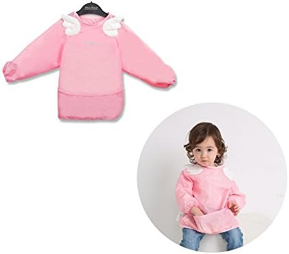 Waterproof Sleeved Bib,Stay-open Pocket Baby Bibs,for 6 Months Toddler to 3 Years Old Kids,(Pink Angel Wings)