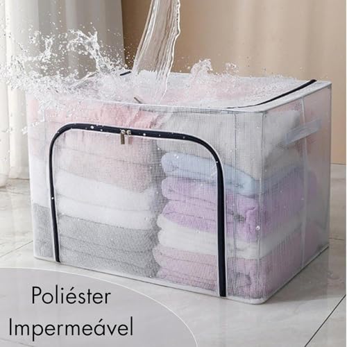 Caixa Organizadora Impermeavel Premium Organizador de Roupas Cobertas Edredons com Ziper Duplo 24, 66 e 100 Litros, Dobravel Empilhavel Estrutura Reforcada Transparente Closet Guarda Roupas 100 Litros