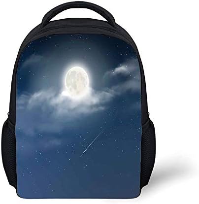 Kids School Backpack Moon,Cloudy Night Sky with Milky Way Inspired Constellation Romantic Universe Infinity,Dark Blue White Plain Bookbag Travel Daypack