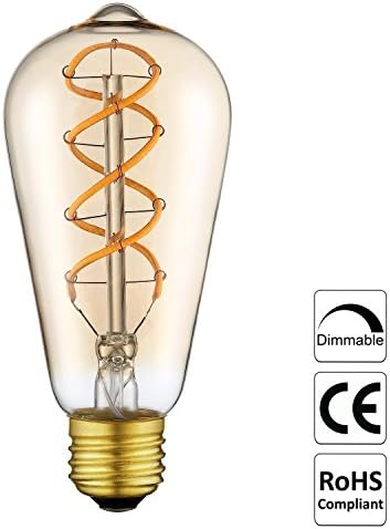 Vintage LED Edison Bulbs with Flexible Filament Bulb 4 Watts E26 Base Warm White 2200K Dimmable - Retro LED Light Bulbs for Pendants and Antique Light Fixtures -Amber (ST64-2 / 1 Pack)