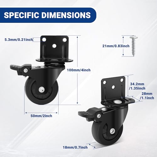 Humagineer 50 mm Heavy Duty Trolley Wheels with L Mount, Wheels for Small Furniture in Rubber, Silent and Sliding, Capacity 270 kg, Swivel Ruo te with 4 Brakes for Table, Wardrobe, Cot
