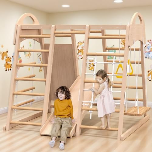 Indoor Playground, Wooden Indoor Jungle Gym for Kids, Toddler Climbing Toys with Stair Slide Swing Set Monkey Bars, Gym Equipment for Backyard, Outdoor Playset for Kids Aged 3-8 (9-in-1)