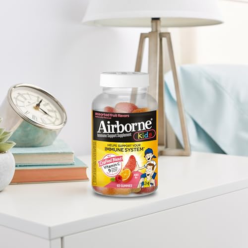 AIRBORNE KIDS 500MG VITAMIN C GUMMIES, KIDS IMMUNE SUPPORT ZINC GUMMIES WITH POWERFUL ANTIOXIDANTS VIT C & E – 63 , ASSORTED FRUIT FLAVOR