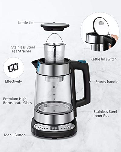 Electric Kettle,Homever 1.7L Glass Electric Tea kettle with Strainer,Cordless Kettle with Temperature Control,Auto Shut-Off and Boil-Dry Protection - Thumbnail 2