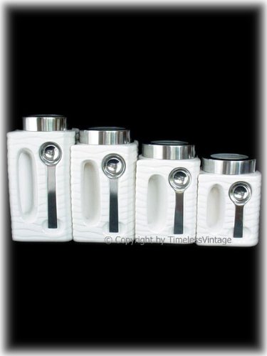 Set 4 Retro White Ceramic Kitchen Canisters with Spoons