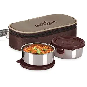 Hot Bite Stainless Steel Lunch Box, 2 Containers, 320 ml Each, Brown | Leak Proof | Food Grade | Easy to Carry | Hot Food