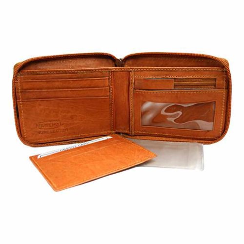 Tan Leather Mens Zipper Wallet Photo Coin & Cc Slot