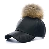 Women's Faux Leather Pom Pom Baseball Cap Adjustable Leather Hat