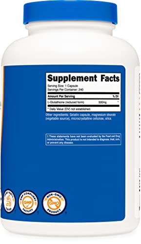 Nutricost L-Glutathione 240 Count Nutricost Glutathione 500mg Capsules –  240 Count, Gluten-Free, Non-GMO, Antioxidant Support, Made In USA Glutathione  Capsules 500mg