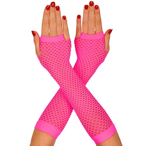 Neon Fishnet Gloves Dance Party 80s Fingerless - Retro Fancy Dress Accessory (Pink)