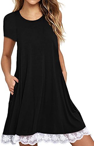 Sanifer Women's Short Sleeve Lace Tunic Dress Plus Size Cotton T Shirt Dress with Pockets (XXX-Large, Black)