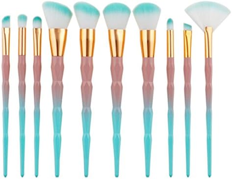 Wakeu 10 PC Diamond Geometric Glitter Dazzle Makeup Brush Set Face Foundation Eyebrow Eyeliner Blush Cosmetic Powder Liquid Concealer Fan Brushes