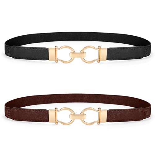 WHIPPY 2 Pack Skinny Elastic Belts for Women Thin Stretchy Waist Belt for Dresses with Gold Buckle, Black+Coffee, L at Amazon