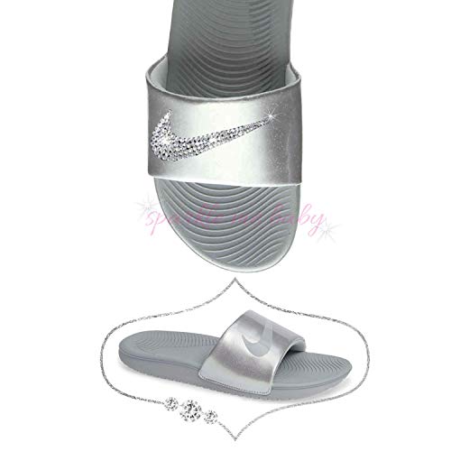 Nike Slide Women's in Metallic Grey ~ Swarovski Bedazzled Slip ons ~ Bling Nike Customized for you by Sparkle Me Baby 2U