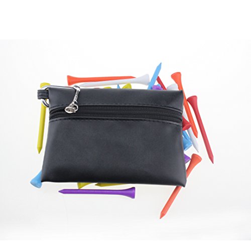 Kofull Golf Tee/Ball Holder Pouch Bag PU Zipper with Metal Clip (Free 12pcs Golf Wood Tees)