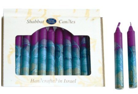 Safed Candles Shabbat Candle Set with Purple and Blue Stripes