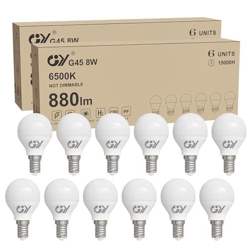 GY LED Bulb E14 Cold Light 6500K 8W 880LM, Mini Spherical Bulbs G45 Fine Thread, No Flicker, CRI>80, Energy Saving, Non-Dimmable, 12 Pieces