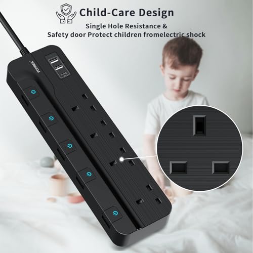 TOPREK 4 Plug Extension Lead with Ultra Wide Socket, Individual Switch 2 USB-A, 1 USB-C Extension Cable, 10m Extension Lead with USB Slots for Wall Mounting