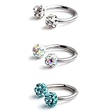 Ruifan 3pcs Mix Colors Crystal Nose Septum Horseshoe Earring Eyebrow Lip Helix Tragus Cartilage Piercing Ring 16G 8mm