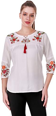 Elyraa Women's Embroidered Western Cotton Top (White top with 3/4 Sleeves)