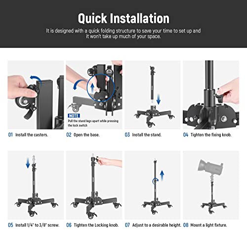 NEEWER Soporte de Luz Resistente con Ruedas, Soporte de Trípode Plegable de Altura Máxima de 2,4 Pies para Tomas de Angulo Bajo/Sobremesa, Soporte de Luz de Fotografía para Softbox