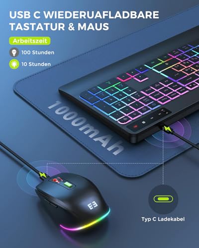 seenda JPX006 Wireless Illuminated Keyboard Mouse Set with USB-A & USB-C Port, Rechargeable, Ergonomic with Mobile Phone Holder & Wrist Rest, Quiet Keys for PC & Mac - QWERTZ Layout