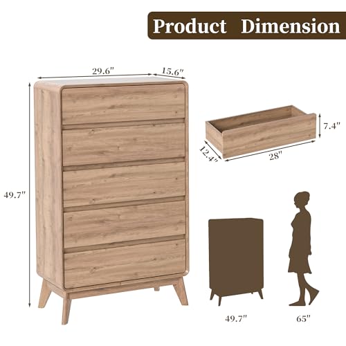 ENOUSHU 50" Tall Dresser for Bedroom, Vertical Dressers with 5 Drawers and Curved Profile Handleless Design, Chest of Drawers with Natural Texture for Living Room, Hallway and Entryway, Natural