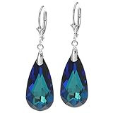 Dreambell Bermuda Blue Swarovski Elements Teardrop Crystals 925 Sterling Silver Leverback Dangle Earrings
