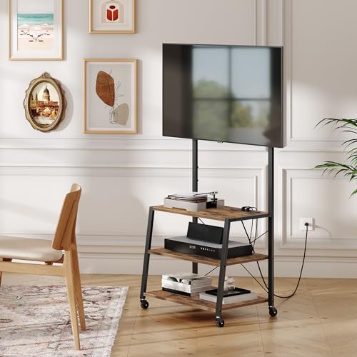 HOOBRO Mobile TV Stand Cart, 3 Tier Floor TV Cart with Wheels, Rolling TV Stand for Living Room, Height Adjustable Rolling TV Storage for Bedroom, Office, Rustic Brown and Black EBF66KDS01