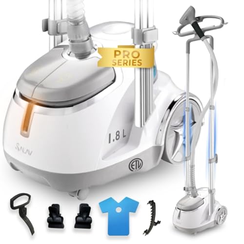 SALAV GS45-DJ Professional Upright Garment Steamer with Roll Wheels, Multi-Function Extra Wide Hanger, Fabric Brush & Mini Ironing Paddle, 1500 watts, Silver