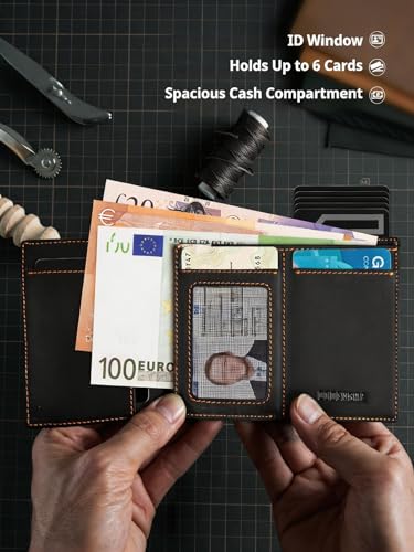 RFID Blocking Pop Up Wallet for Men, 100% Genuine Leather Slim Bifold, Aluminum Card Holder with ID Window, YKK Zipper Pocket, Minimalist Front Pocket Travel Wallet, Ideal Gift for Men, Black Orange