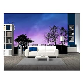 Fence and Trees Silhouettes with Moon and Stars on The Dark Sky - Removable Wall Mural | Self-Adhesive Large Wallpaper - 66x96 inches