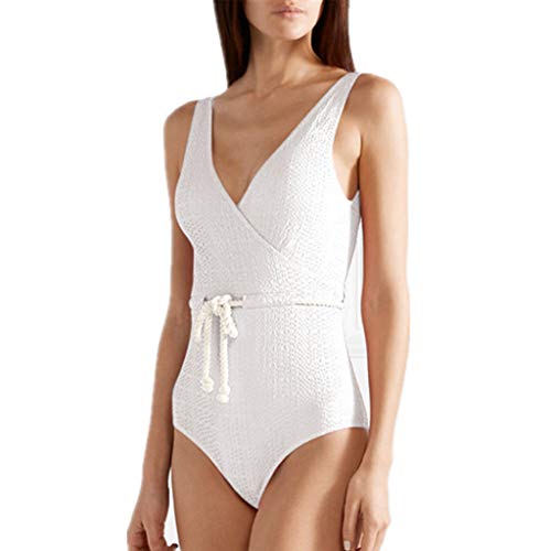 wodceeke Women's One-Piece Swimsuit Solid Color Sling V-Neck Siamese Bikini Beachwear Swimwear(White,M)
