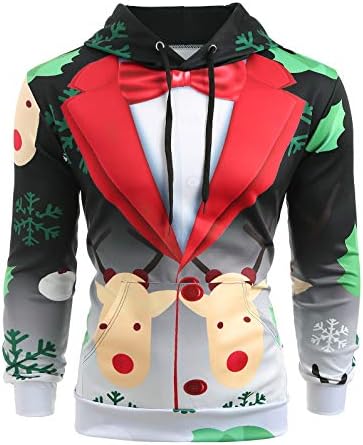KENANCY Men's Christmas Faux Suit Print Pullover Long Sleeve Drawstring Hoodie