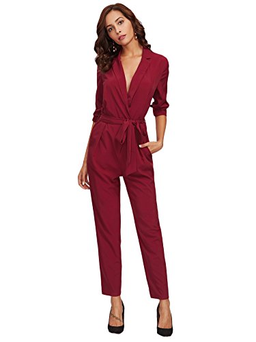 DIDK Women's Wrap and Tie Detail Tailored Jumpsuit Burgundy S