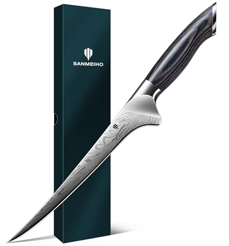 SANMEIHO Cuchillo Pescado de Acero en Polvo, Cuchillo Deshuesador Súper Afilado, Cuchillo Filetear Pescado de Acero con Carbono Extra Duro, Cuchillo de Filete con Mango Ergonómico de Madera de Pakka