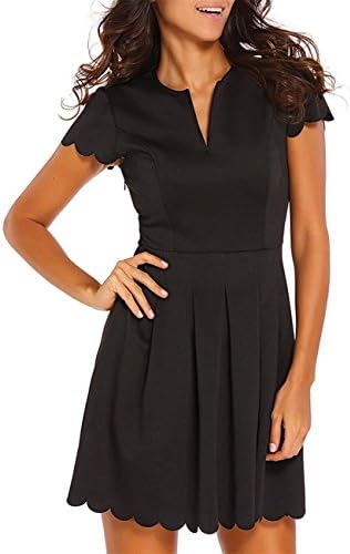 Blesky Women Cute V Neck Scallop Pleated Skater Dress BlackXX-Large