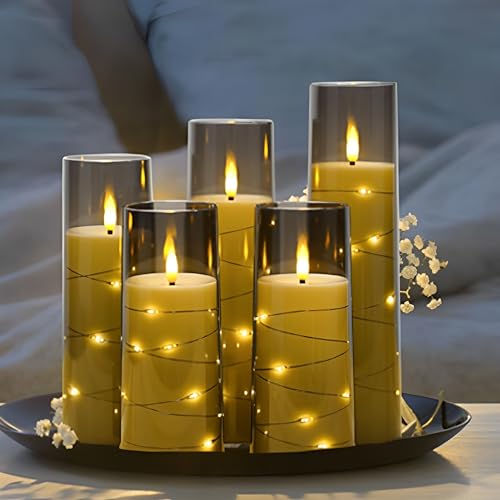 Beauenty 5 Pc Flameless LED Candles with Timer and Remote,Acrylic Pillar Candles with Embedded Star String for Romantic Ambiance and Home Decoration,Battery Operated Candles(Grey)