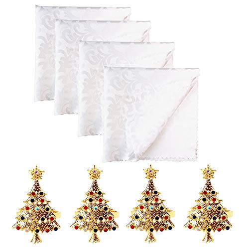 Aisszhao Christmas Table Decorations: 4 Xmas Tree Napkin Rings & 4 Cloth Napkins, Dining Table Napkin Holders for Home, Wedding, Hotel Banquet Parties & Xmas Events