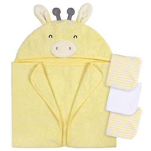 Gerber Baby 4 Piece Animal Character Hooded Towel and Washcloth Set, Yellow Gir…
