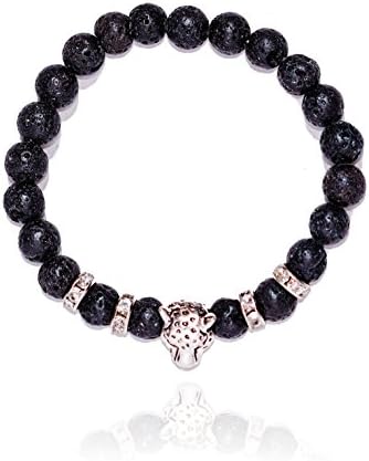 Bijoux Supply Premium 8mm Leopard Charm Black Lava Beaded Stretch Bracelet with Rhinestone (Lava Stone)