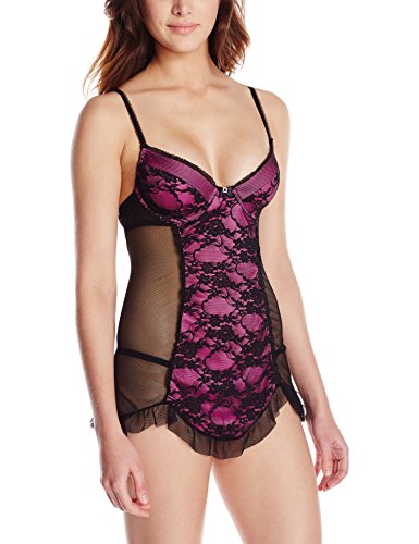 Cinema Etoile Women's Andrea Stretch Lace and Fishnet Molded Cup Babydoll, Black/Pinkberry, Large
