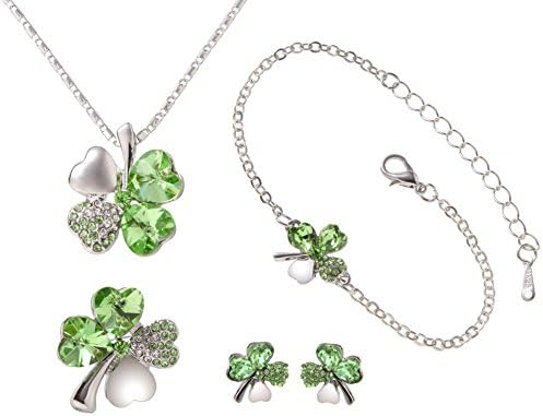 Phoenix 四つ葉のクローバー ネックレス ＆ ブレスレット ＆ ピアス ＆ ブローチ 計 4種セット ジュエリー ファッション アクセサリー レディース 合金 人工水晶 エレガント 幸せな 幸運 四つ葉 クローバー フラワー ネックレス チョーカー ペンダント (グリーン)