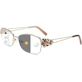 touk Photochromic Progressive Multifocal Reading Glasses for Women, Stylish Half Rim Metal Frame Anti Blue Light Sun Readers