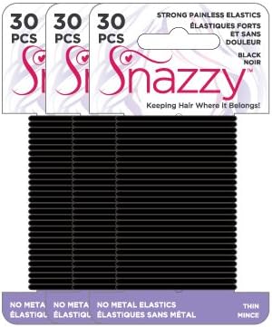 Hair Elastics by Snazzy - Black, Thin - Saver Pack, Painless 90 Count (3 Pack, 30 Ties Per Card)