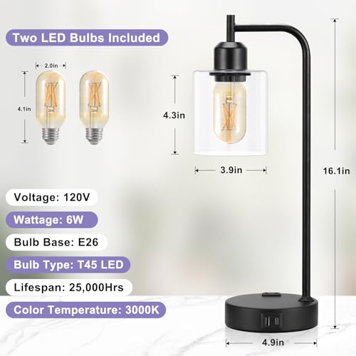 Industrial Touch Table Lamps Set of 2-3-Way Dimmable Bedside Lamps with USB C+A Ports and Outlet,Black Nightstand Lamps for Living Room,Glass Shade & 2 LED Bulbs Included