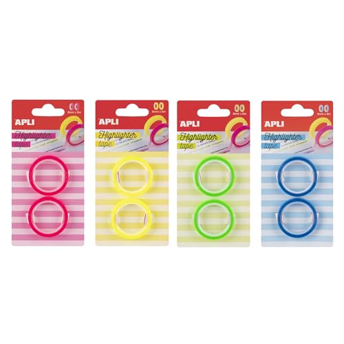APLI 19666 - Set di nastri adesivi evidenziatori, 4 colori fluorescenti. Nastro evidenziatore a colori fluo, adesivo trasparente rimovibile.