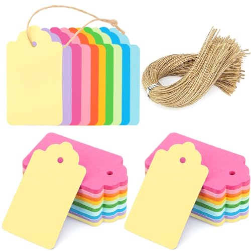 HAKACC 200PCS Colourful Gift Tags with String, Small Paper Tags Decorative Hanging Labels 10 Assorted Colours for Gift Box Wedding Name Tags