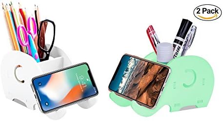 BumBiBomBi Cell Phone Stand, Cute Elephant iPhone Stand Tablet Desk Bracket with Pen Pencil Holder for Tablet Nintendo Switch iPad, Smartphone iPhone, 2- PACK (White and Green)