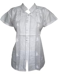 Women's White Tunic Tops Floral cap sleeves Hand Embroidered Cotton Large
